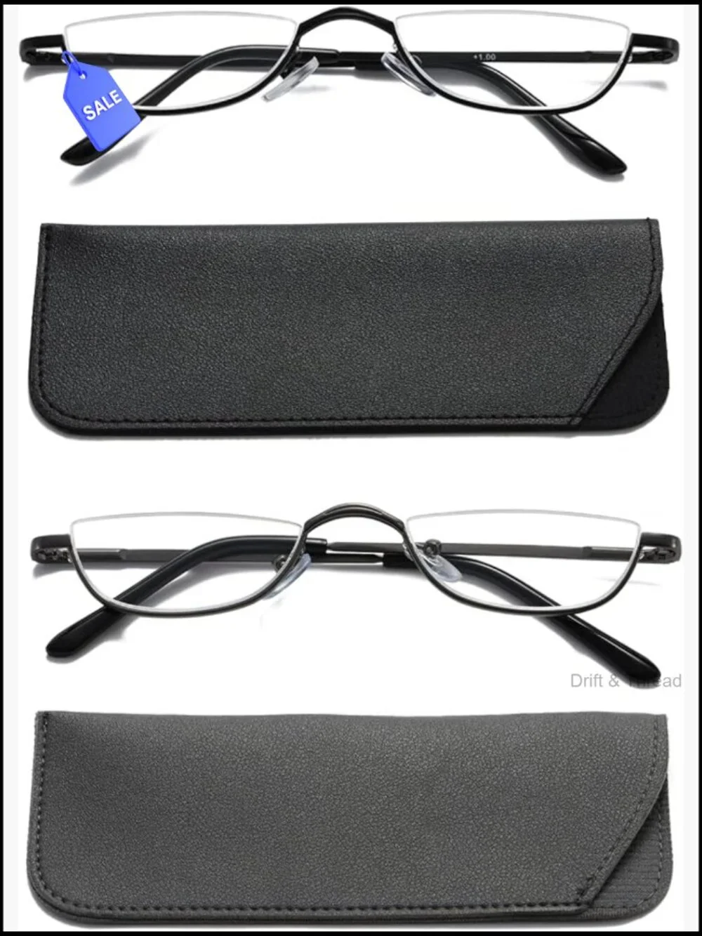 Half Moon Reading Glasses Slim Metal Semi Rimless 2 Pair